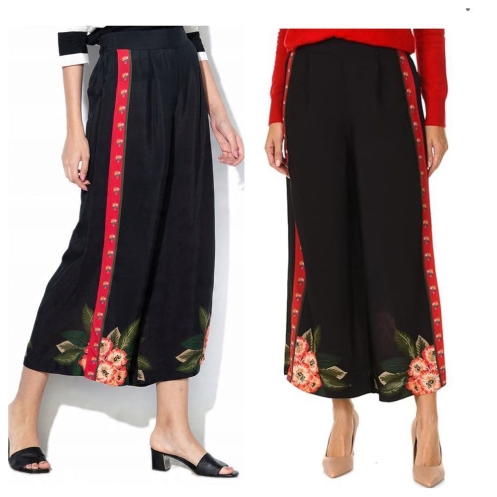 Desigual Black Wide-Leg Pants with Red Floral Side Stripe